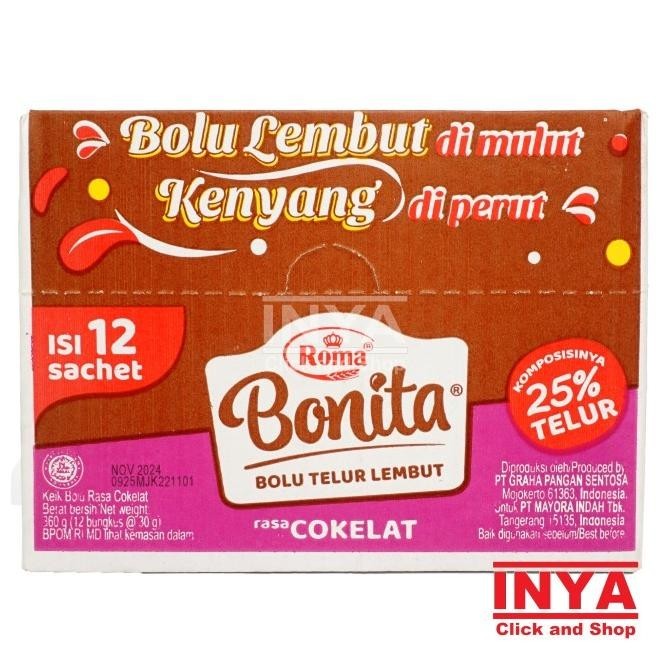 

Roma Bonita Bolu Telur Lembut Rasa Cokelat 12x30gr BOX