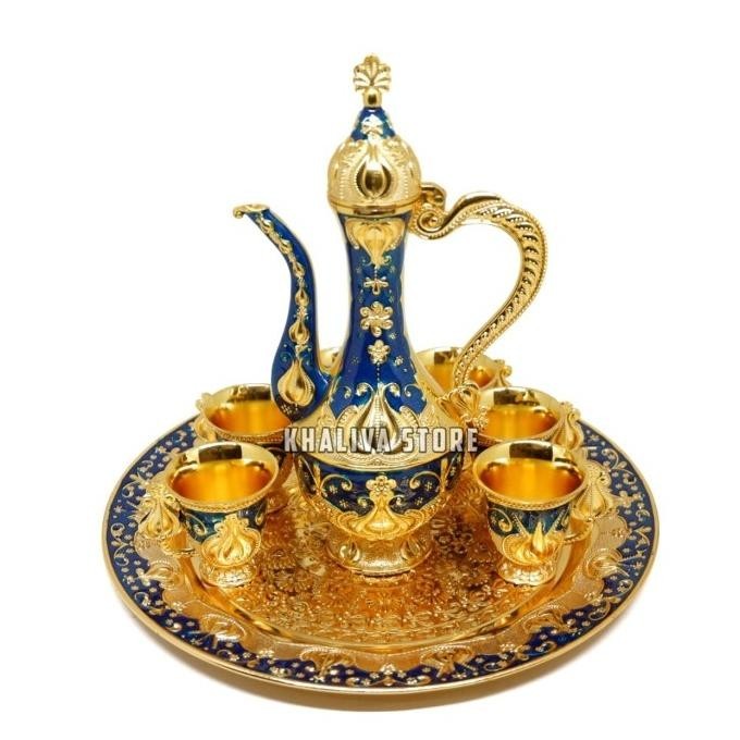 [Ready Stock] Pajangan Teko Arab/Turki 7 In1 Teko Cangkir Nampan Bahan Logam Gold