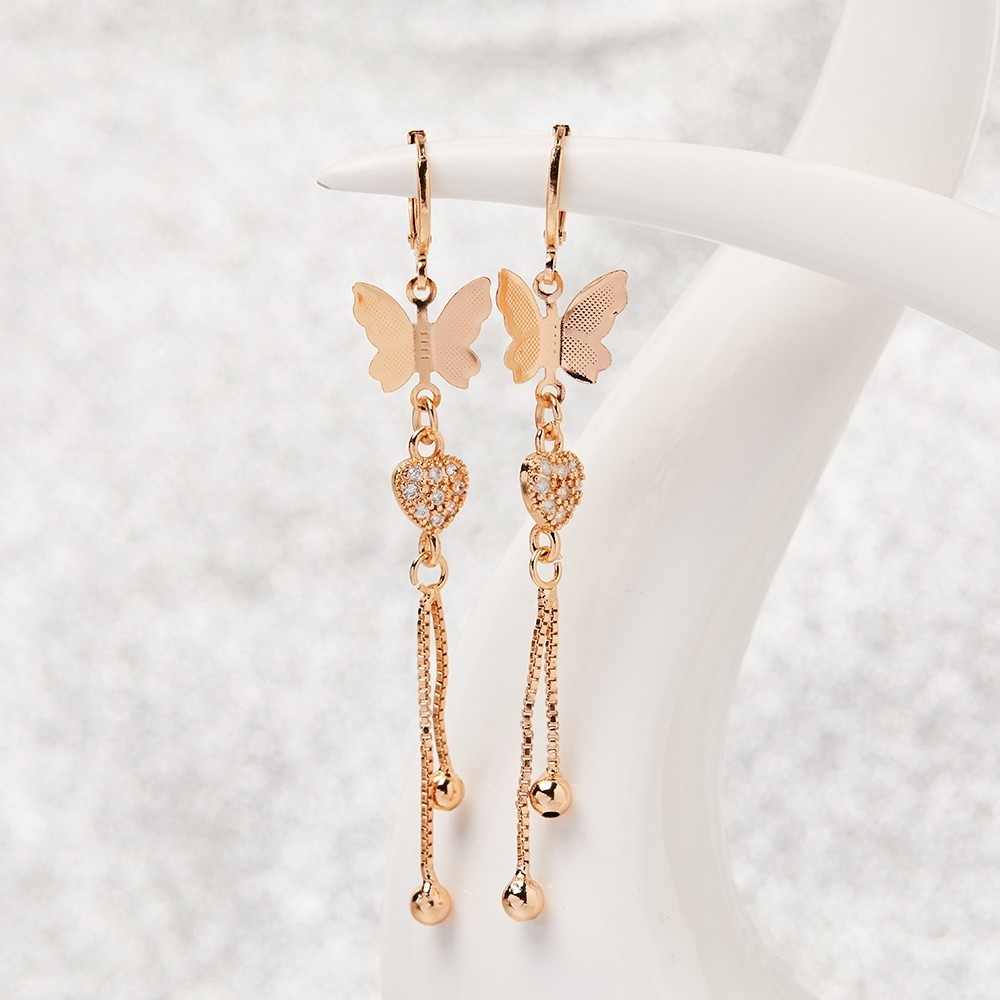 Y392 Anting Korea Wanita Panjang Anting Cantik Kupu Kupu Zircon Lapis Emas Anting Panjang Perhiasan 