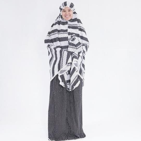 [Garansi] Mukena Katun Jepang Rajut Salur Hitam Putih Polkadot Afc