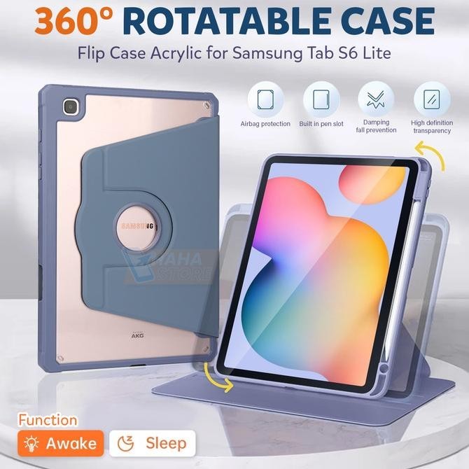 

Samsung Galaxy Tab S6 Lite 10.4" 2020 2022 Flip Rotate Acrylic Soft Case Slot Pen Luxury Cover Protective Tablet Holder Stand 360 Akrilik Cesing Pelindung Softcase Rotary Rotating