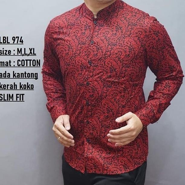 Kemeja Batik Pria Slim Fit Merah / Baju Batik Pria Cheongsam Lbl974