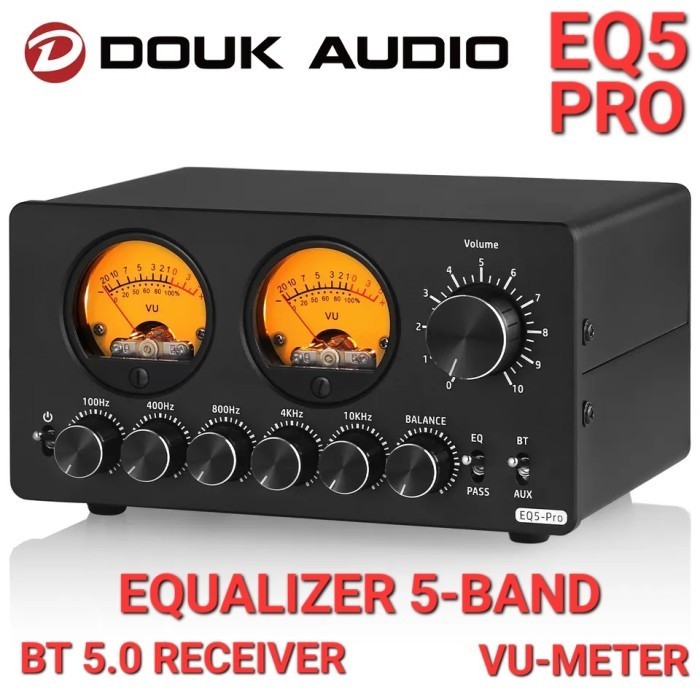 Douk Audio Eq5-Pro Equalizer 5-Band, Bt 5.0 Receiver & Stereo Vu Meter  Ready