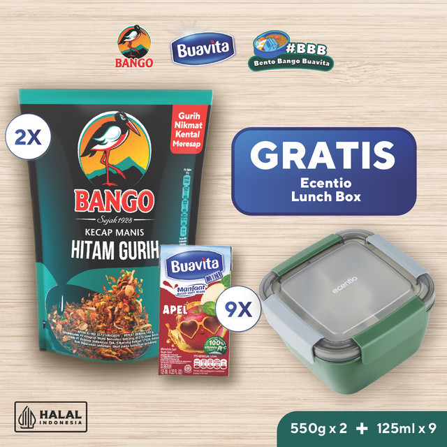 

Beli 2 Bango Hitam Gurih 550g dan 9 Buavita Mini Apel 125mL GRATIS Ecentio Lunch Box