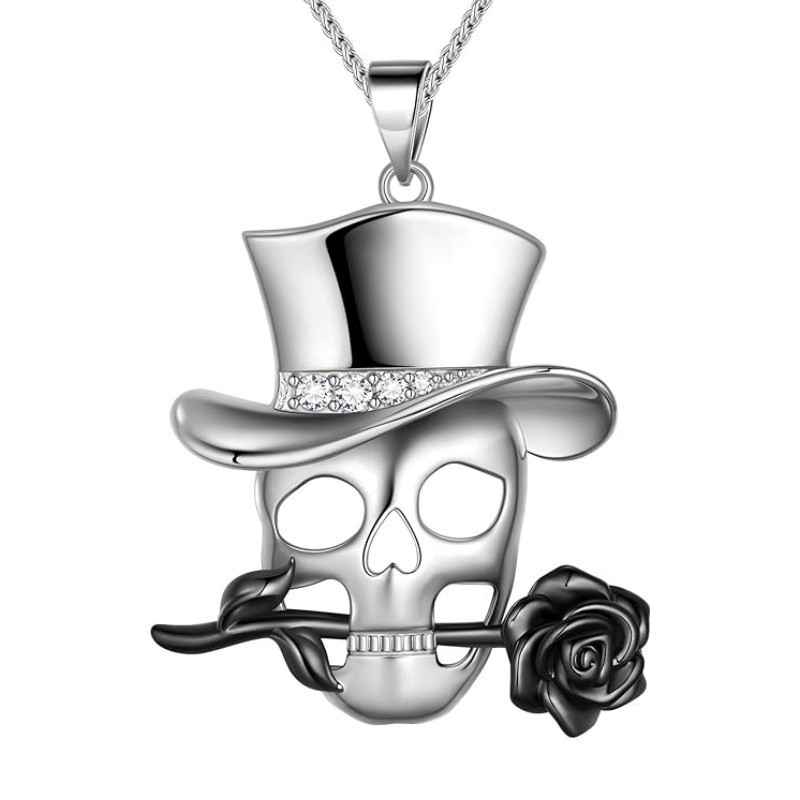 Gothic Tengkorak Topi Berlian Hitam Liontin Mawar Kalung