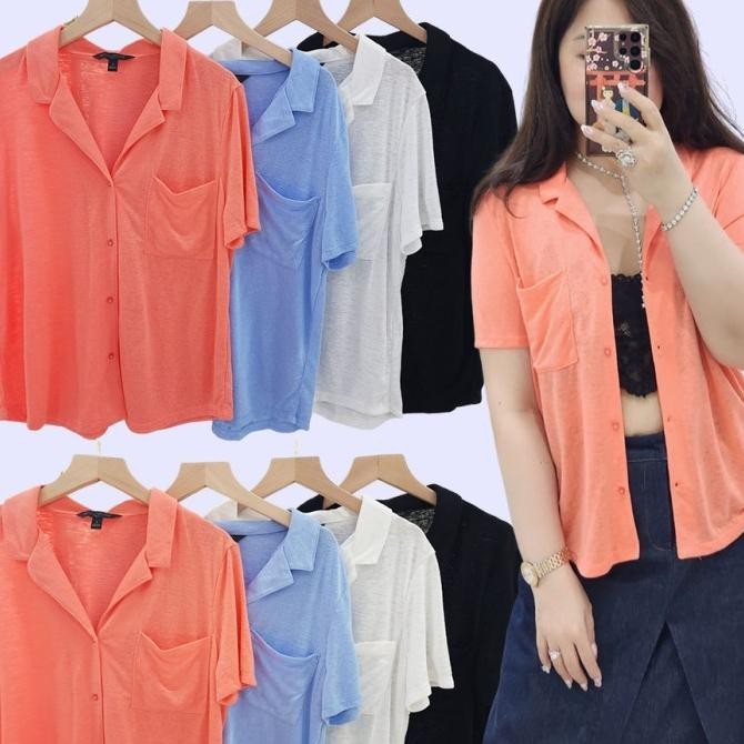 BLOUSE LINEN WANITA BREP672 CAMP COLLAR TOP HNT