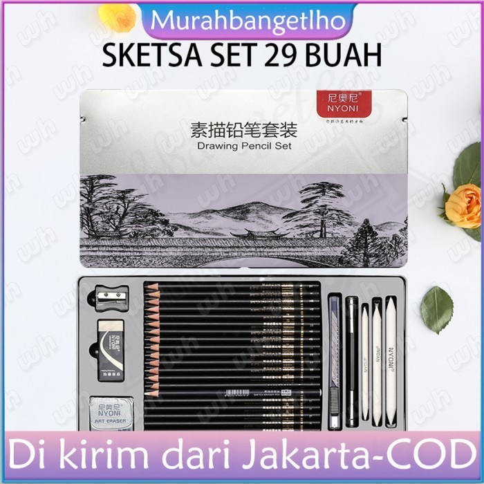 

Sketch dr pencil pensil grafit charcoal arang 29 pcs set tin cas