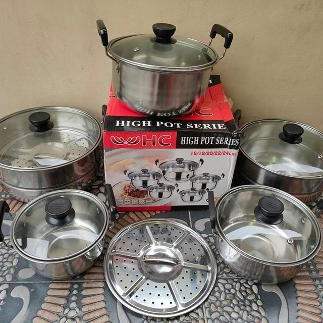 Panci Set 5 Pcs Tutup Kaca Steamer Panci Set 5 Susun Stainless Steel