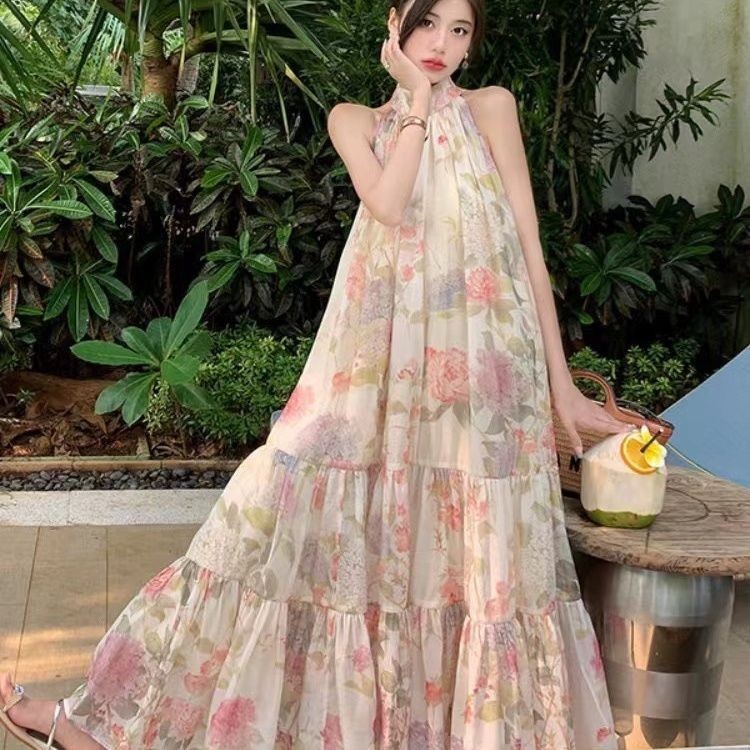 French Style Temperament Seaside Vacation Style Gentle Mori Style Floral Large Swing Dress