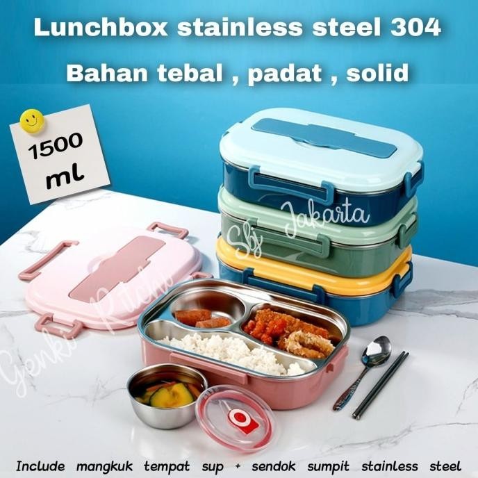Kotak Makan Lunch Box Tempat Makan 304 Stainless Steel 1500Ml Premium