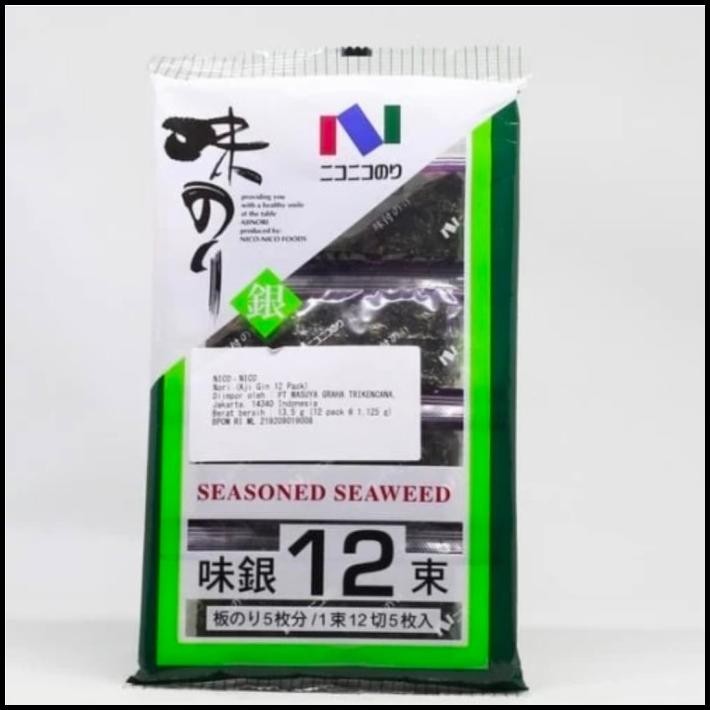 

Nico Nico Nori Aji Gin Seasoned Seaweed Jepang Impor 12 Pak 13.5 Gr