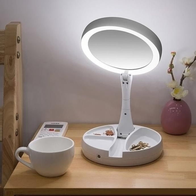 Cermin LED Makeup Mirror Foldable Kaca Rias Dua Sisi Lipat Zoom Putih TA