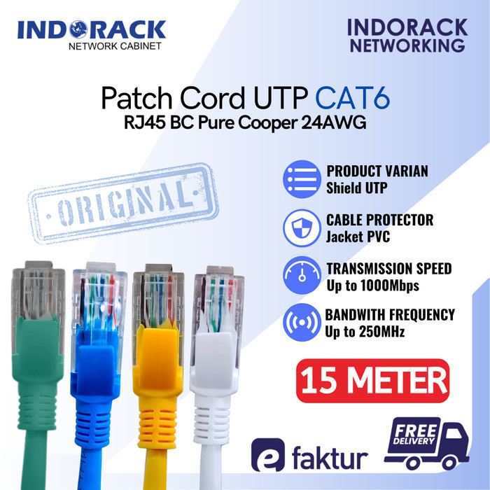 Indorack Patch Cord UTP CAT6 Panjang 15M Kabel LAN BC 24AWG Kabel UTP