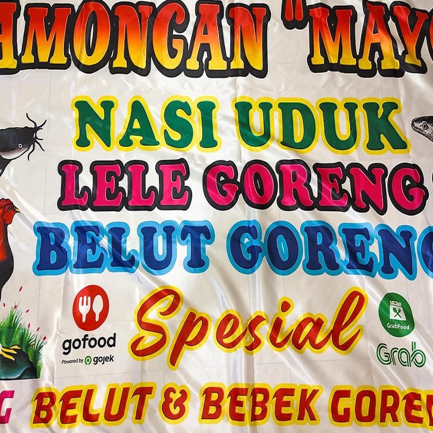 Cetak Spanduk Kain Pecel Lele Sablon Digital Bahan Satin Lebar Bahan 1 Meter