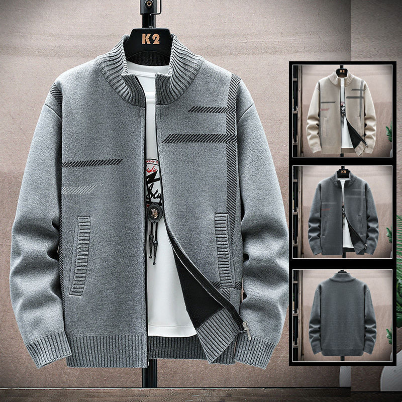 Sweter Pria Rajut Jacquard Kerah Berdiri, Baru, Bulu Domba Kasual Semua Cocok dan Tebal Hangat dan N