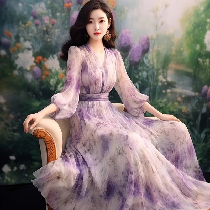 Gaun Wanita Cetak Ungu Slim Fit