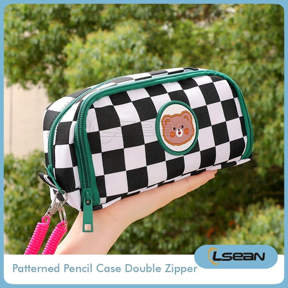 

PENCIL CASE KOREA CHECKERED CUTE BEAR MULTIFUNGSI POUCH DUAL ZIPPER DEPAN BELAKANG