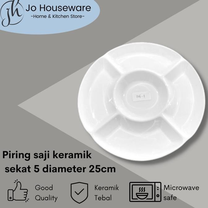 TERBARU - Piring saji keramik sekat 5 diameter 25cm putih tebal 114-2