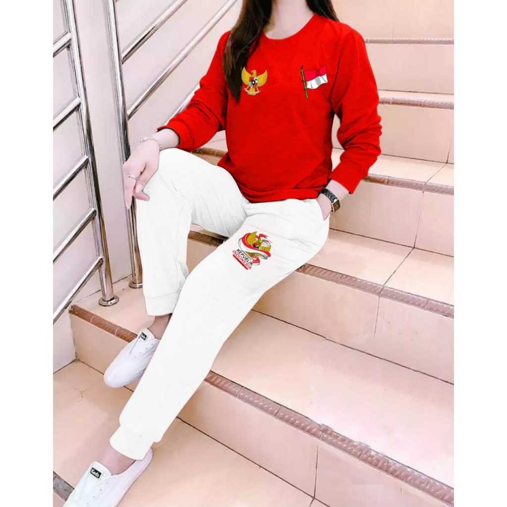 Setelan Merah Putih Wanita Dewasa Oneset Kemerdekaan Set Baju Hut Ri 79 Kaos Dirgahayu Indonesia Len