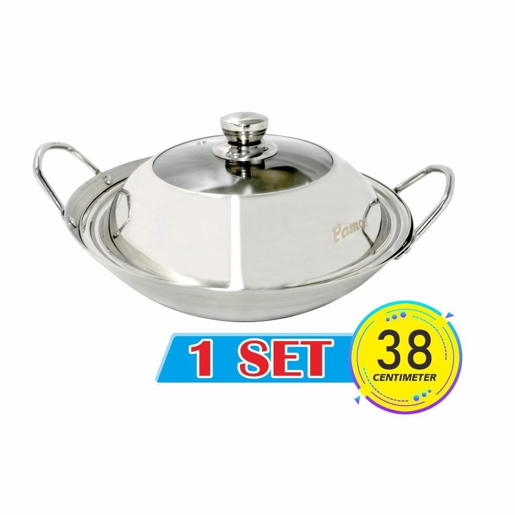 (PROMO) Pamosroom Wajan Stainless 1 Set + Tutup 38cm Kuali Panci Tebal Anti Lengket Tahan Lama Best 