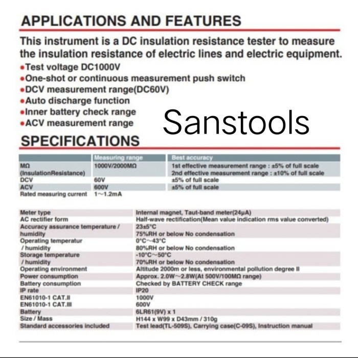 Sanwa Dm-1009S Analog Insulation Tester Dm1009S Megger 1000V Manual