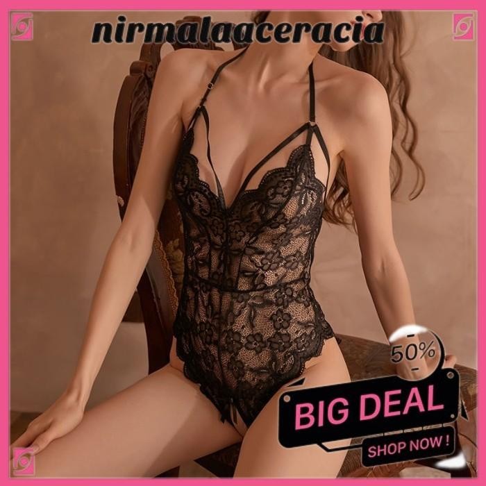 LINGERIE BAJU MALAM SEXY SEX HOT UNIFORM SUIT HANGING NECK CROTCHLESS DEEP V NIRMALA ACERACIA CANGGI