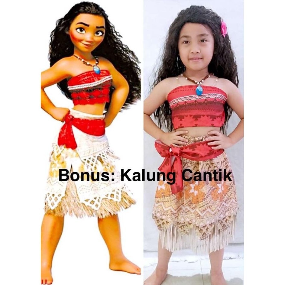 Baju Dress Kostum Disney Moana + Kalung Cantik (1 set) .