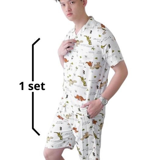 Kemeja Pantai Pria Baju Hawai Rayon Printing Motif Set Celana Dek