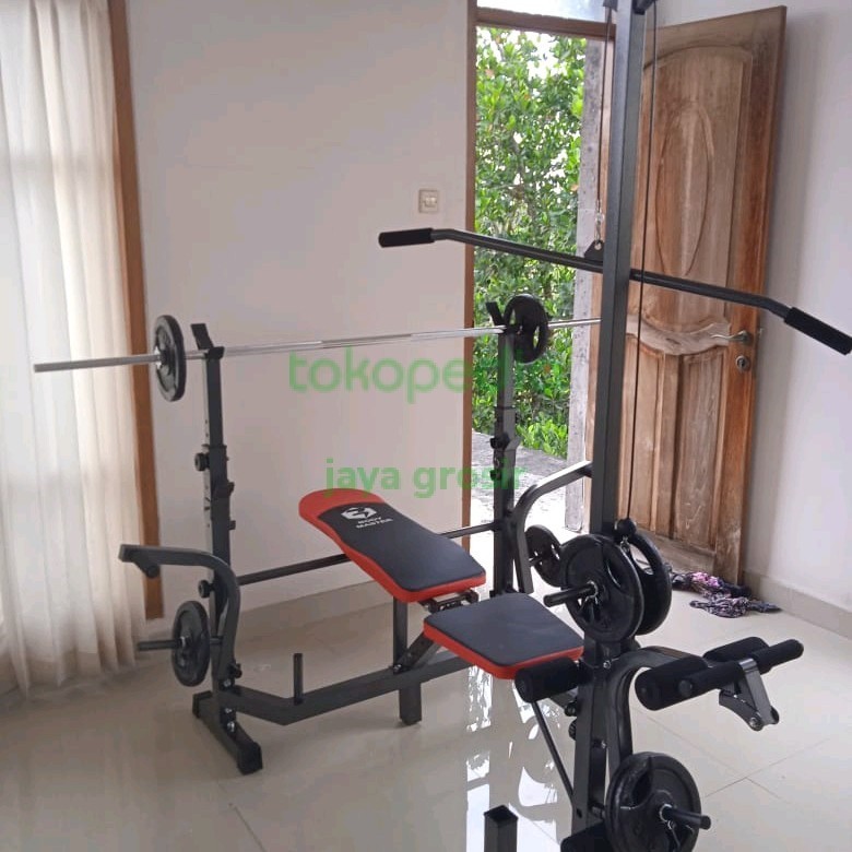 bench press multifungsi lat pull down + beban besi dan stik panjang