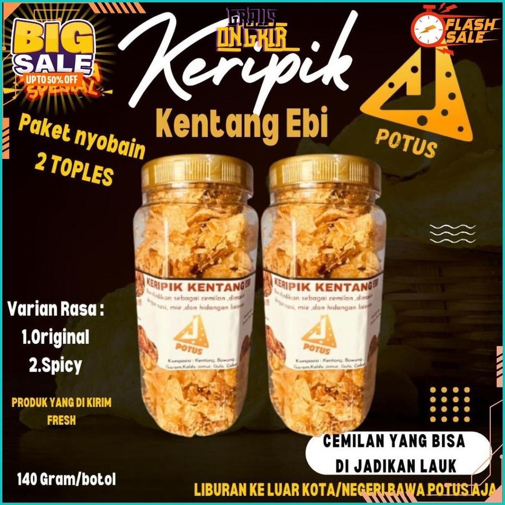 

Promo Paket Hemat Keripik Kentang Ebi 2 Toples Siap Kirim