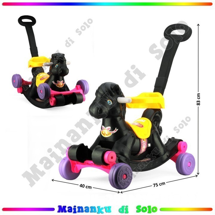 [Mainanku] Tunggangan Dorong 2 In 1 Jungkat Jungkit Kuda Hitam Baterai Musik Suara Lampu Random Main