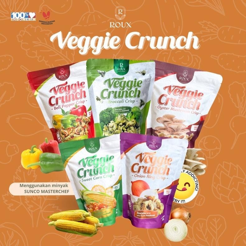 

hj-64 ROUX Veggie Crunch - Keripik Sayur - Brokoli / Jamur Tiram / Paprika / Jagung / Bawang Bombay - Cemilan Sehat Viral