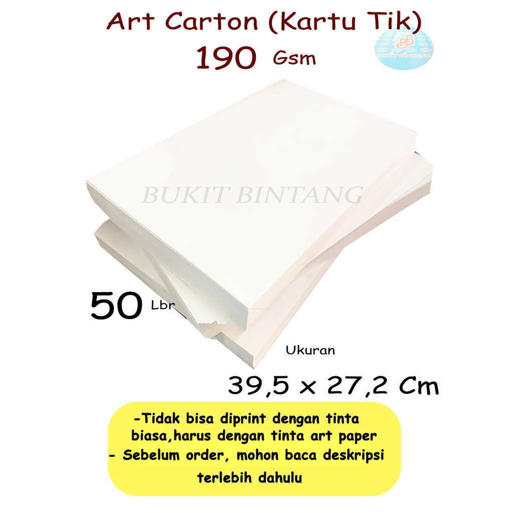 

Art Carton ( Kartu Tik ) 190 Gsm Uk 39,5 x 27,2 Cm , Isi 50 Lembar