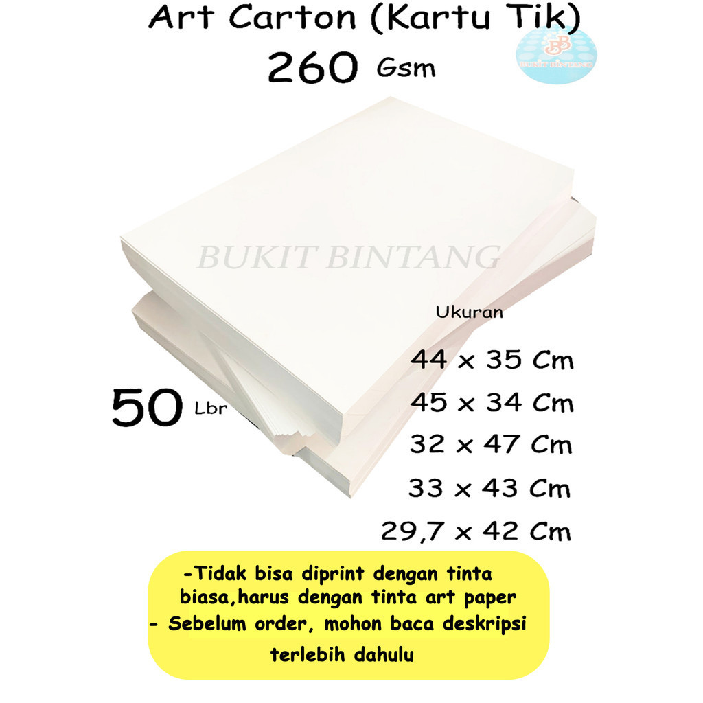 

Art Carton ( Kartu Tik ) 260 Gsm Uk 44 x 35 Cm,45 x 34 Cm,32 x 47 Cm,33 x 43 Cm, 29,7 x 42 Cm , Isi 50 Lembar