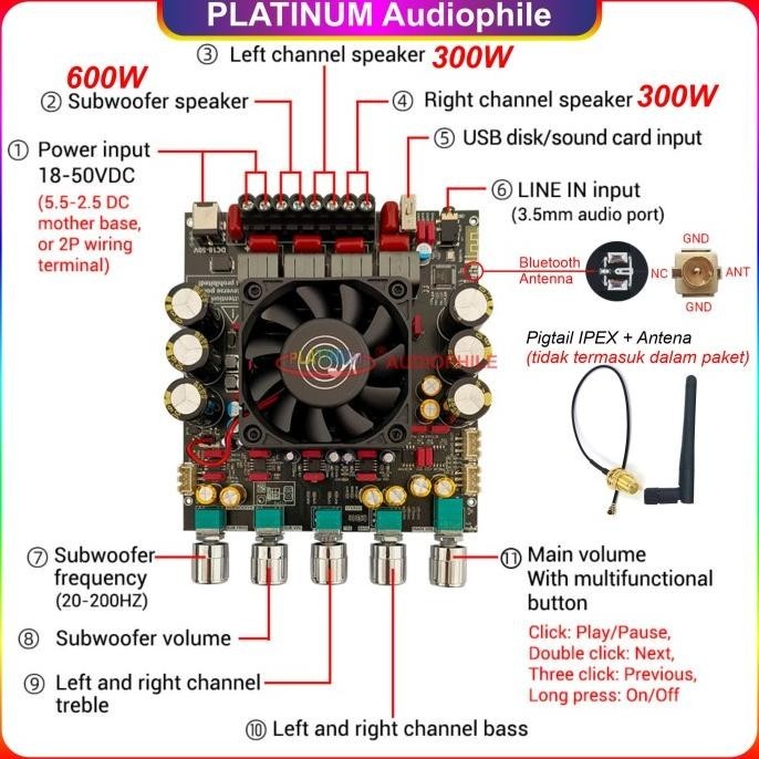 Tpa3255 Amplifier Class D 2.1 Ch Bluetooth 5.1 Hifi Amplifier Zk-As21P