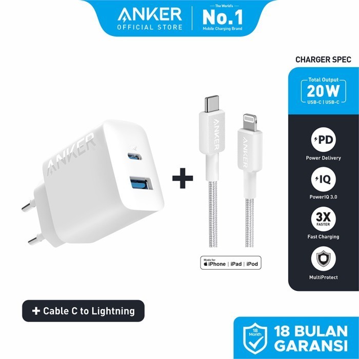 ANKER Charger for iPhone and Android Type C to Type C and To Lightning Fast Charging 20W and 25W