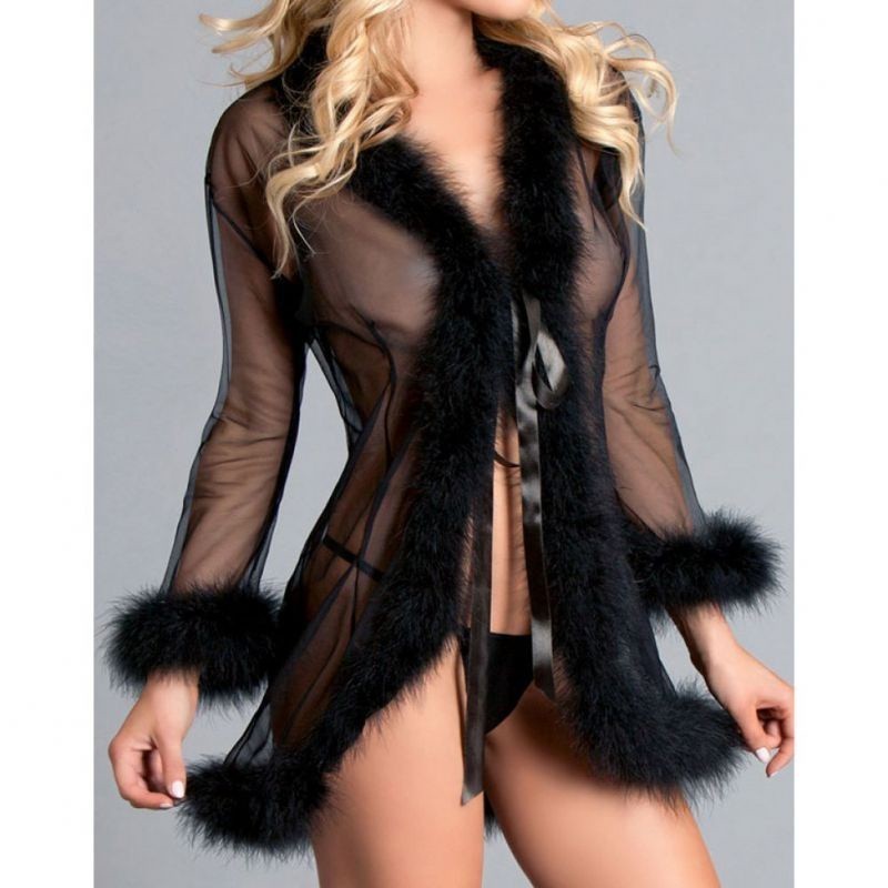 L1191 Lingerie Sexy Baju Tidur Robe Kimono Dress Hitam Transparan Lengan Panjang Tepi Bulu