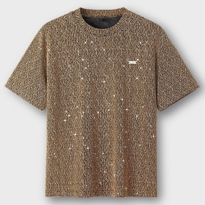 Fashionable All-Matching Men's Summer Shiny Breathable High Elastic Sequined Star Shining round Neck