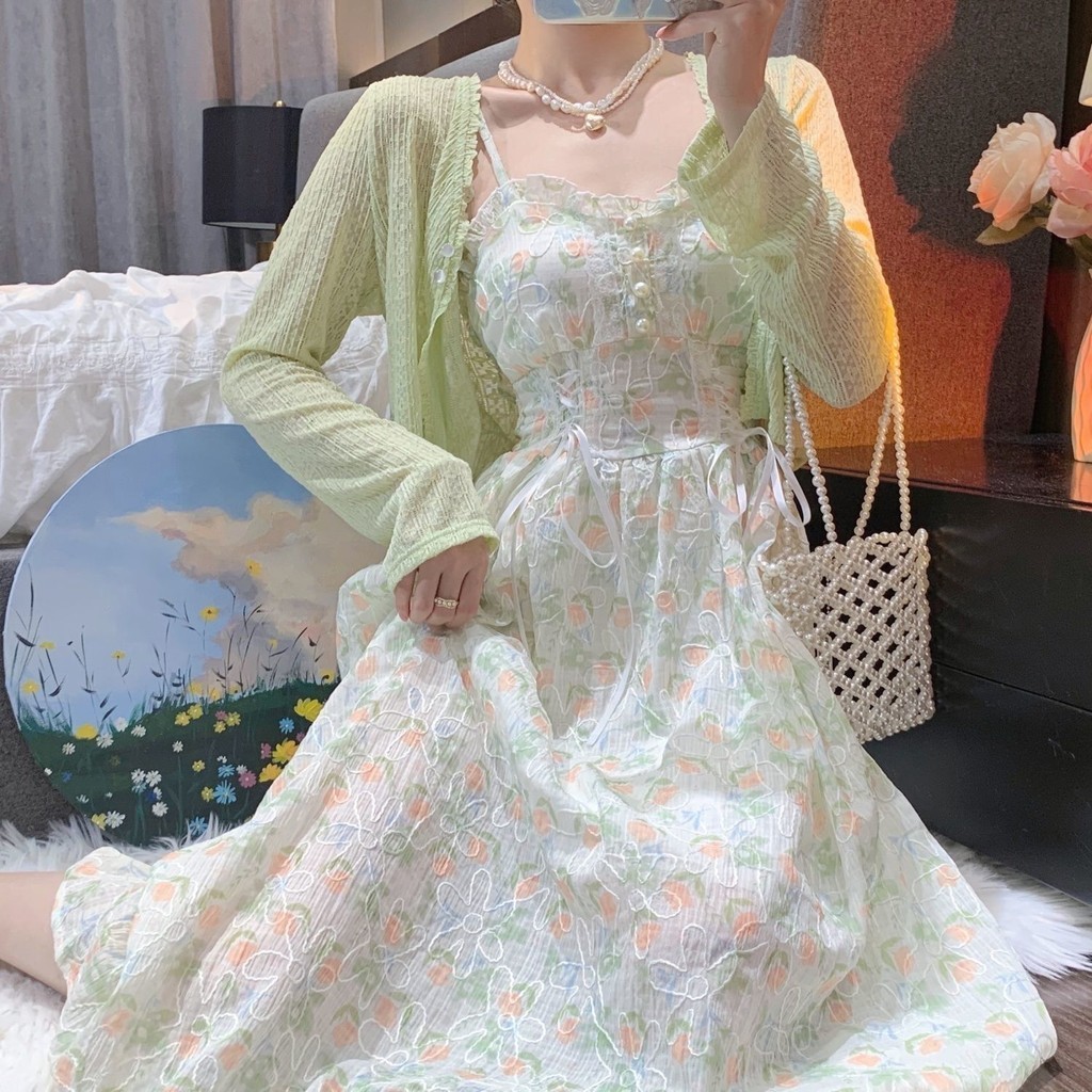 <Crunchy brulee>dress Kardigan rajutan gaun tali ikat bunga lucu setelan dua potong untuk wanita