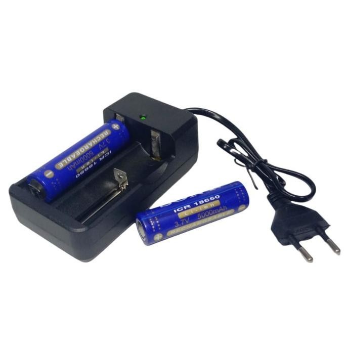 Paket Charger + 2Pcs Baterai Icr 18650 5000Mah 3.7V Warna Biru Flattop