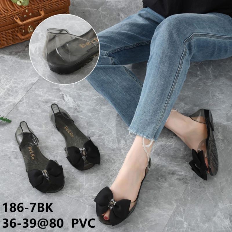 Sepatu Sandal Slip On Karet Jelly Wanita Kaca Bening Transparan Pita Mute 186