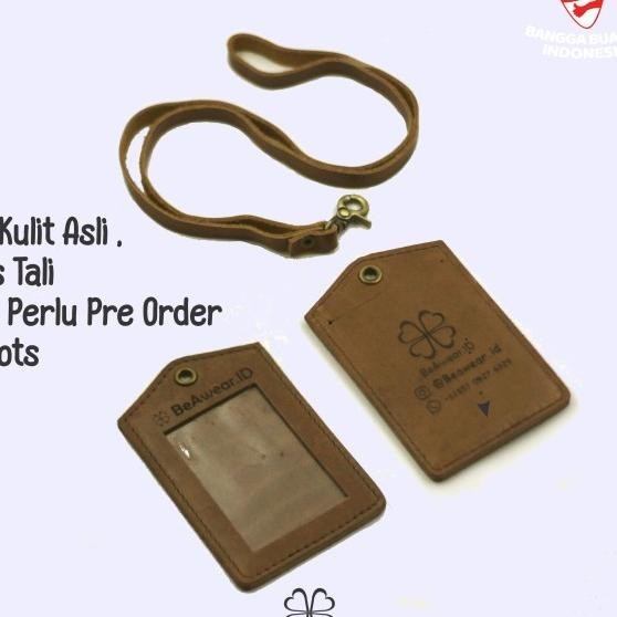 Nametag Id Card Holder Lanyard Tali Kulit Gratis Custom Laser