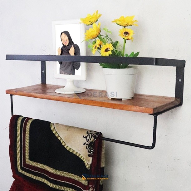 Gantungan Bigspace Rak Dinding Lebar 14Cm Kamar Mandi Laundry Ambalan Kayu dan Besi Penyimpanan Sabu
