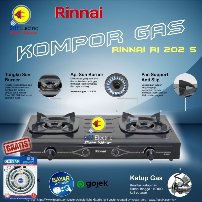 Kompor Gas Rinnai 2 Tungku RI 202 S / Rinnai 2 Tungku + selang regltor