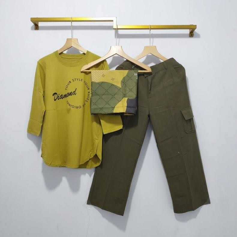 Setelan Celana Wanita Setelan Cargo Setcel Wanita Kulot Linen+Kaos Combed Hijab Kulot Linen Allsize 