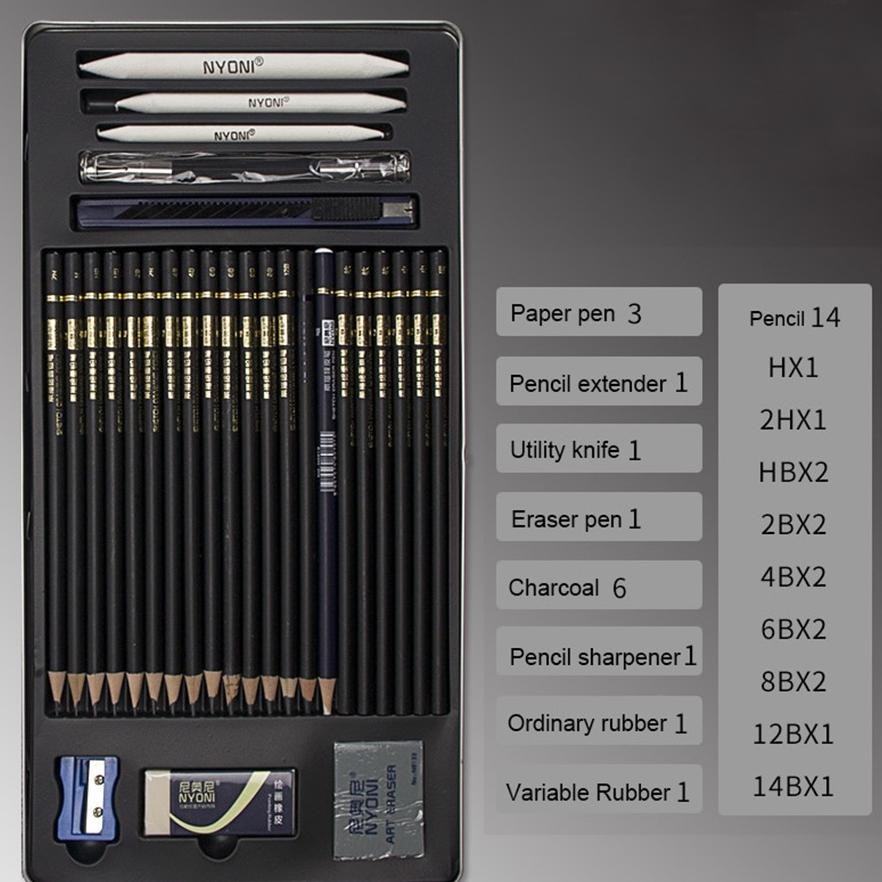 

KOE-1116 Nyoni Drawing Pencil Gambar Set 29pcs Metal Tin Box Pensil Gambar Lukis Sketsa Lengkap Paket Original