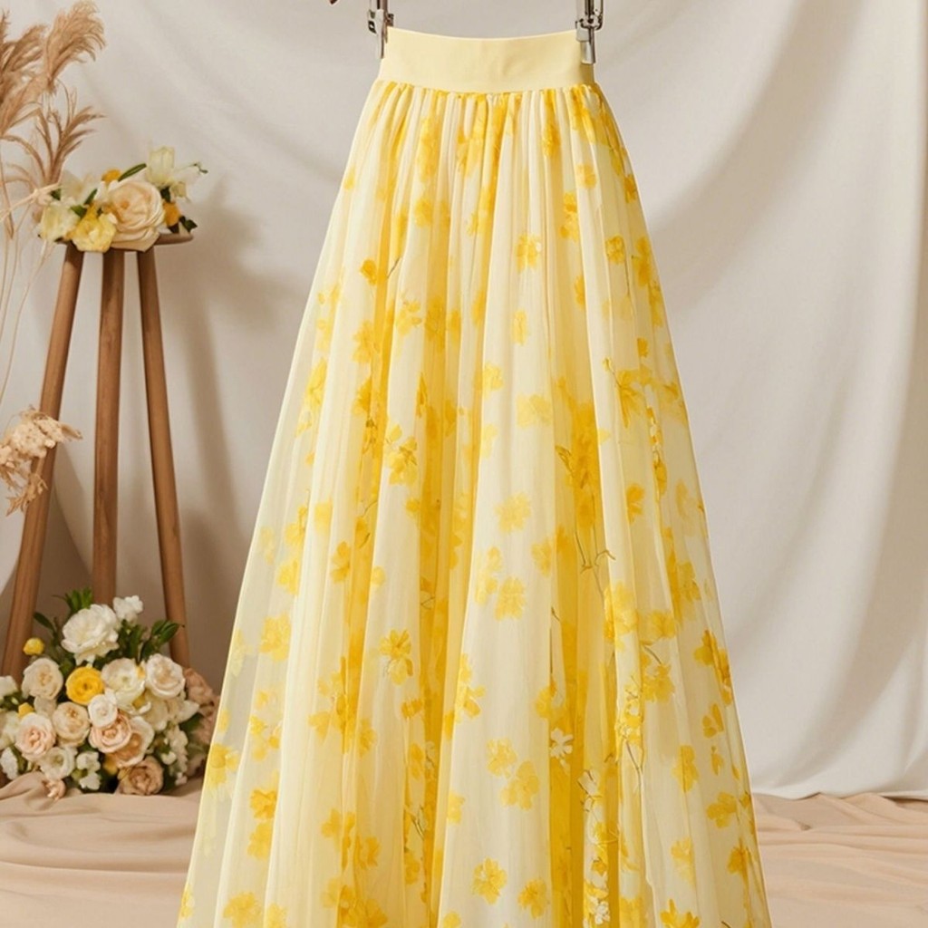 Rok Desain Sifon, Baru Model Sifon Kuning Elegan Motif Bunga Peri Pinggang Tinggi Langsing