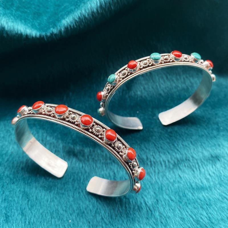 Nepal Handmade Ornament Silver Green Pine Bracelet Opening Bracelet Retro Creative Personality Tibet