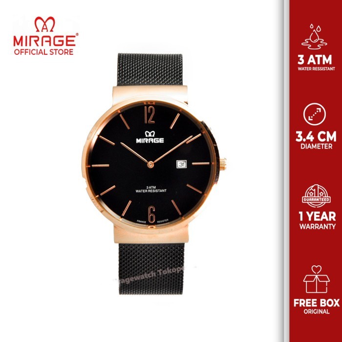 Jam Tangan Wanita Mirage Hitam Rosegold Tali Pasir 8624M Ph