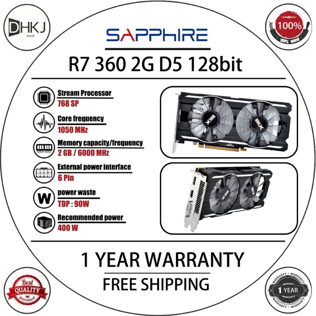 Sapphire R7 360 2GB GDDR5 OC 128bit Kartu Video AMD Radeon R7 360 2GB Kartu Grafis GPU Layar Desktop